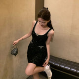 Sequin Sexy Strap Dresses Spring New Slim Fit Bodycon Dress for Women Y2k Fairycore Sleeveless Black Vestidos Mujer-Outfit