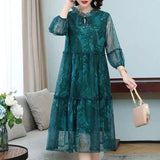 New Casual Half Sleeve Midi Dress Vintage Printed Women's Clothing Ruffles Spliced Stylish Drawstring Loose Gauze Dresses-Outfit