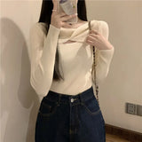 Collarbone Leisure Hollow Long-Sleeved Knitted Shirt Women Autumn New Slimming Elastic Inside The Bottom Of The Blouse