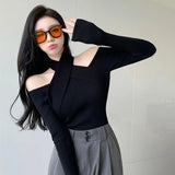 Straps Knitted Long Sleeve Crop Tops Korean Sweater Off Shoulder Straight Neck Tops-Outfit
