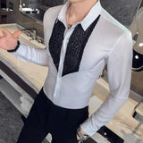Black Tuxedo Shirt Men Sequins Patch Solid Long Sleeve Dress Slim Fit Shirts Stage Wedding Prom Gentleman Blouse
