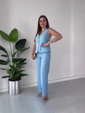 Fongt Women's Temperament Elegant Solid Color V-Neck Sleeveless Vest High-Rise Broad Leg Trousers Set