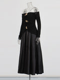 Temperament Famous Wind Style Long Dress 2025 New Bosom One-Word Shoulder Design Long-Sleeved Pin Waist Dress