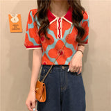 Women Puff Short Sleeve Printed Flowers Sweaters Shirts Polo Collar Cropped Thin Sweater Pullover Crop Top For Female-Outfit