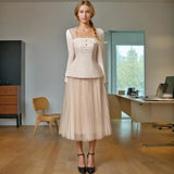 Small Senior Fashion Suit Women's 2025 New Slanted Shoulder Waist Top + Lace Mesh Skirt