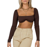 Rib Knit Crop Tops Long Sleeve Square Neck Tube Top Stretchy Corset Women Backless Solid Color Blouse 2021
