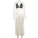 Spring Women's New Lace Stitching Sling Strap Slit Sexy Dress-Outfit