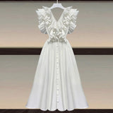 Casual Loose Dress For Women V Neck Sleeveless High Waist Ruffle Trim Solid Midi Dresses Female Clothing Style