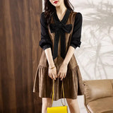 Korean V-Neck Bow Midi Dress Female Clothing Casual Patchwork Spring Autumn Elegant Loose Commute Long Sleeve Dresses-Outfit