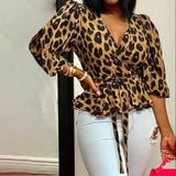 Deep V-Neck Leopard Print Belted Fashion