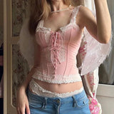 Fongt And Hot Girl Wind Pink Lace Stitching Sling V Tie Slim Heavy Industry Design Vest-Outfit