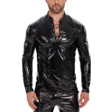 Fongt Men's PU Mirror Bright Leather Long Sleeve Casual Coat Black Slim Strap Stand-Up Collar Leather Jacket-Outfit