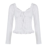 Fairy Solid Color Ruffled Lace Collar Long Sleeve Blouse-Outfit