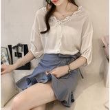 Style Elegant Chiffon blouse Women Short Sleeve Lace Shirts Casual Plus size Feminine Tops