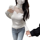Collar Mesh Splicing Long-Sleeved Knitted Shirt Women's New Autumn Design Sense Korean Version Of The Temperament Of Short-Term
