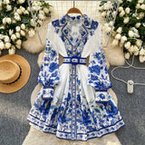 Fongt Spring Dress New Dress Women 2025 Fashion Suit Collar Long Sleeves To Roll Print A-Word Skirt