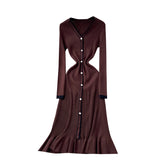 Fongt Small-Sized Famous Woman Hit The Color V-Neck Long Sleeve Single Buckle Waist Knitted Dress Women With Fish Tail