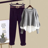 Women Pullover Knitted Patchwork Tops And Tweed Long Pants Sets Spring Female Two Piece Set Korean Casual Women Outfits