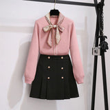 Ladies Elegant Two Pieces Set Korean Bow Collar Long Sleeve Knitted Sweater Top And Black A-line Midi Skirts