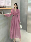 Fongt Autumn Station Temperament Retro Lotus Leaf Side Bubble Long Sleeve V Collar Thin A Word To Close The Waist 100-Fold Dress