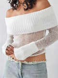 Sexy Women Knitted See Through Sweaters Crop Tops Off Shoulder Solid Long Sleeve Cropped Pullovers Slash Neck Jumpers-Outfit