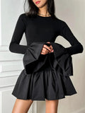 Ruffled Patchwork Long Sleeve Mini Dress-Outfit