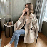 Fongt Breasted Windbreaker Female Long Spring And Autumn New Student Korean Version Versatile Loose Suit Collar Casual Thin Coat-Outfit