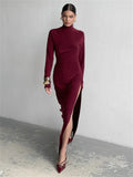 Turtleneck Long Sleeve Draped Slit Maxi Dress-Outfit