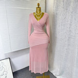 Fongt New Sexy Cross-Dress V-Neck Long Sleeves Elastic Mesh Hot Diamond Dress Female Elegant Dress