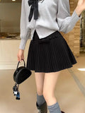Bow Solid High Waist Pleated A-line Skirt-Outfit