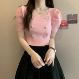 Temperament Button T-Shirt Girl Summer New Korean Hoodie Thin Square Collar Fashion Wear Short-Sleeved
