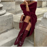 Burgundy Off Shoulder Fold Knit Midi Dress-Outfit