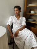 Print Dress 2024 New Women's Bubble Sleeve V Tie With Short Sleeve Print Dress-Outfit
