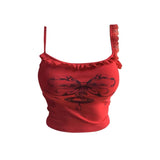 Summer Print Lace Strap Tank Top New Korean Chic Y2K Top Out Wear Slim Fit Spicy Girl Short Camisole Female Crop Tops-Outfit