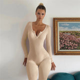 Long Sleeve Ribbed Buttoned Solid Jumpsuit-Outfit