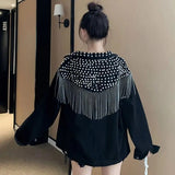 Clothing Stylish Tassel Beading Jackets Spring Autumn Korean Long Sleeve Lapel Casual Loose Single-breasted Denim Coats-Outfit