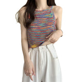 Thin Interior Hollow Retro Color Hanging Neck Knitting Top Sexy Sweet Hottie Vest Sling