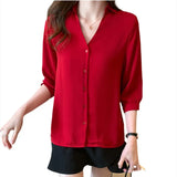 Women's Shirt Vintage Red Button Blouses for Women Short Sleeve Shirts Female Top Polo Neck Solid Blouse Office Lady Basic