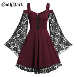 Dark Gothic Aesthetic Vintage Women Autumn Dresses Grunge Lace Patchwork Flare Sleeve Black A-line Dress Punk