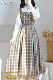 French Vintage Plaid Dress Women Fake Two Pieces Autumn Preppy Style Vestidos Elegant Patchwork Long Sleeve