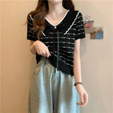 Fongt Version Of The Bow Tie With Striped Short-Sleeved T-Shirt Woman 2023 Summer New Doll Collar Knitting