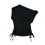 Early Spring New Street Wind Slant Collar Rope Slimming To Show A Thin Solid Color Blouse-Outfit