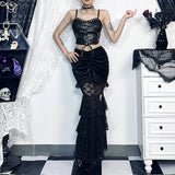 Spring 2024 New Dark Wrinkled Fishtail Multi-Layer Spliced Forked Skirt Women's Dress-Outfit