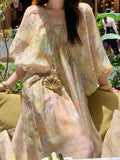 Fongt Casual Retro Loose Long V-Neck Bat Sleeve Niche Dress French Mid-Sleeve A-Dress Girl