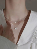 Rhinestone Butterfly Pendant Double Layered Necklace-Outfit