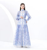 Fongt Early Spring Holiday Wind Collar Lantern Sleeve Print Single Buckle Waist Dress Female Pressure Fold Elegant Long Dress