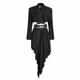 Ruched Irregular Two Piece Set For Women Notched Long Sleeve Lace Up Top High Waist Skirt Suit Female 2022