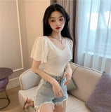 Fongt Small Sexy V-Neck T-Shirt Summer Pink Top Women's Lotus Side Of The Ocean With Thin Collarbones Cover Short