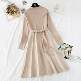 Winter Striped Pleated Knit Dresses Women's Elegant Slim Mock Neck Sweater Bottomed Dress Korean Casual Vestidos With