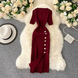 Fongt Summer New Knee Tight Elastic Knitted Dress Open Design Buckle Round Neck Dress Short Sleeve